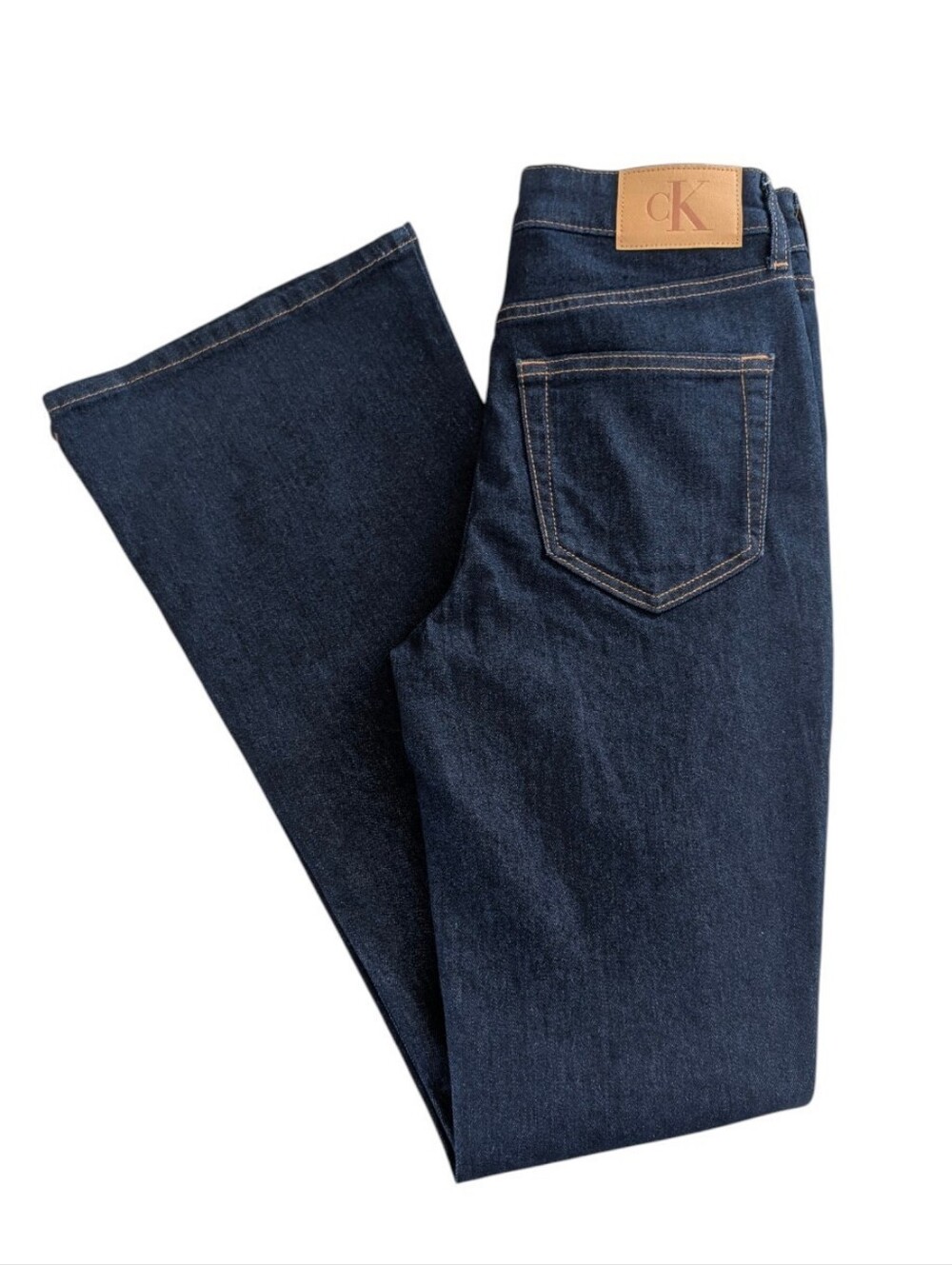 Calvin Klein High Rise Flare Jeans Rinse Wash Dark Blue Size 4/27 NWT Tall